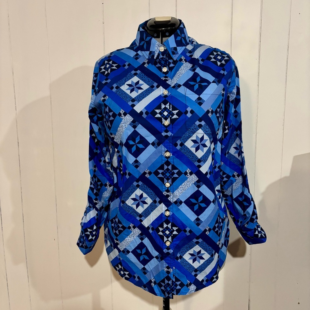 Lands' End Blue Geometric Button Down Shirt